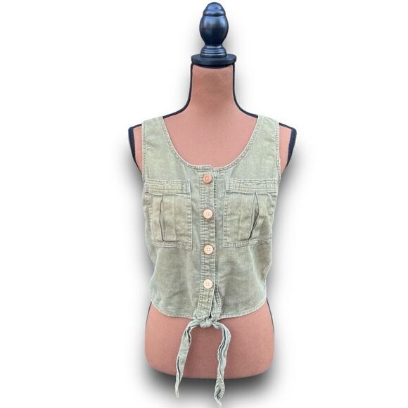 Vanilla Star, Sleeveless Button up Front Tie Acid Wash Crop top Juniors’ Medium - Picture 1 of 9